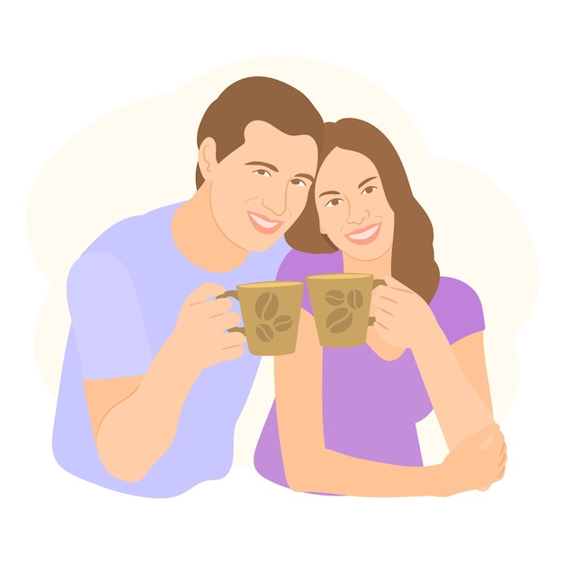 young couple man and woman holding cups mugs with hot tea or coffee
