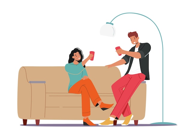 Vector young couple man and woman holding glasses sit on couch celebrating holiday drinking alcohol cocktail flirting