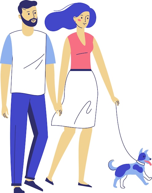 Young Couple Man and Woman on Walk with Dog Family Stroll