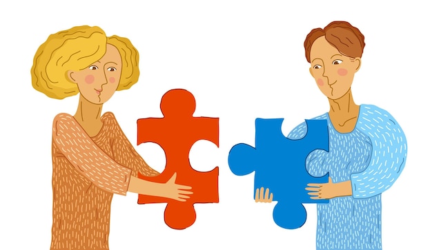 Vector young couple man and woman with puzzle pieces in their hands are building relationship by matching each other vector illustration, harmony in love.