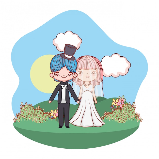 Vector young couple outdoors landscape cartoon