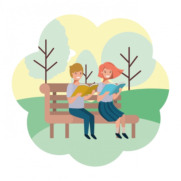Young couple in park chair avatar character