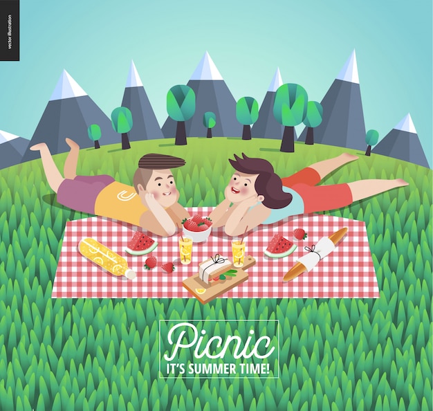 Vector young couple on picnic template