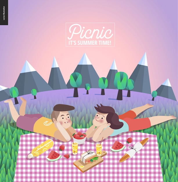 Vector young couple on picnic template