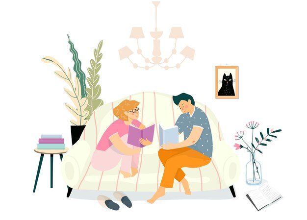 Young couple reading books on the couch in living room. Everyday life routine illustration, studying or relaxing leisure reading on the sofa at home interior.