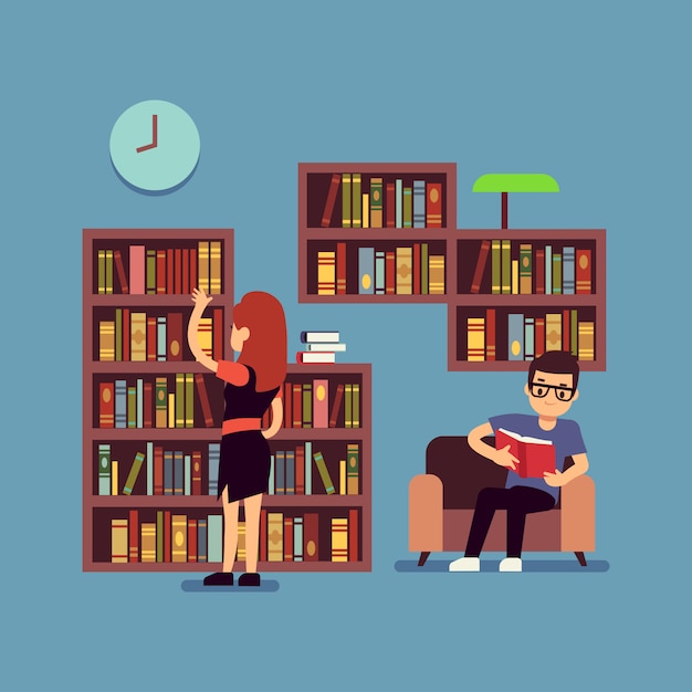 Молодая пара читает книги - плоская библиотека или концепция гостиной