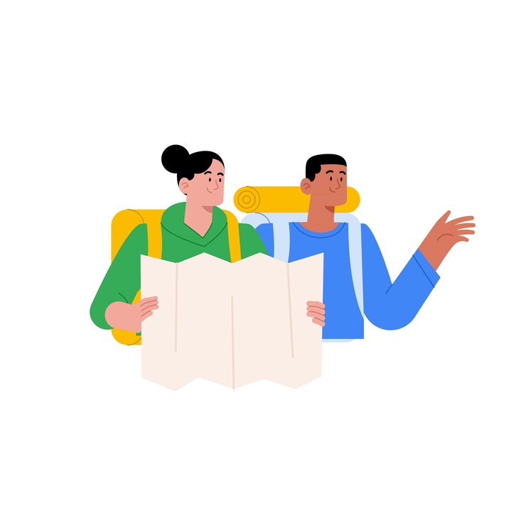 Vector young couple reading a map for hiking mountain