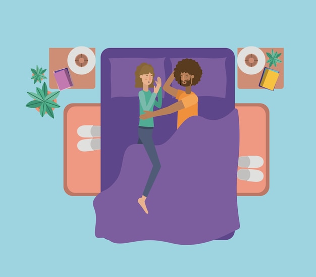 Vector young couple relaxing on the bedroom