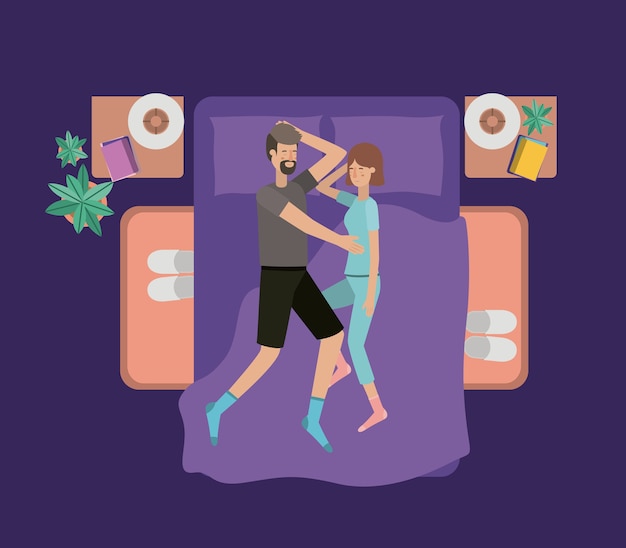 Vector young couple relaxing on the bedroom