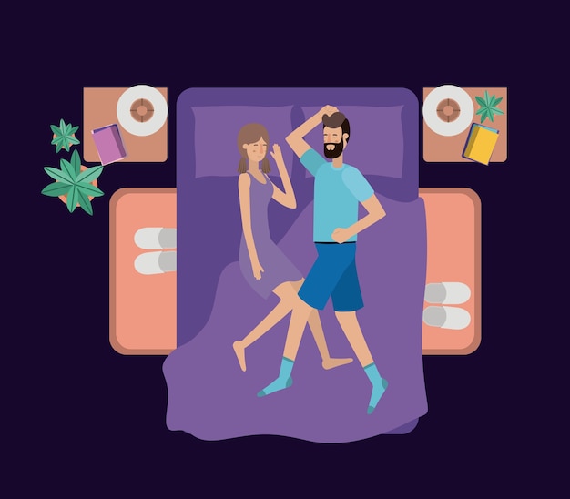 Vector young couple relaxing on the bedroom