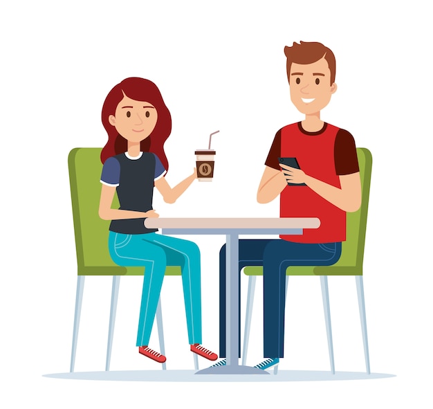 Vector young couple in the restaurant avatars characters
