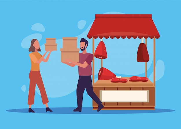 young couple shopping meat activity characters