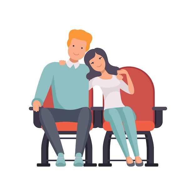 Young couple sitting in cinema theatre and watching movie man and woman on a date vector Illustration isolated on a white background