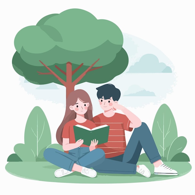 벡터 젊은 부부가 도시 공원에서 나무와 함께 책을 읽고 앉아 있습니다.