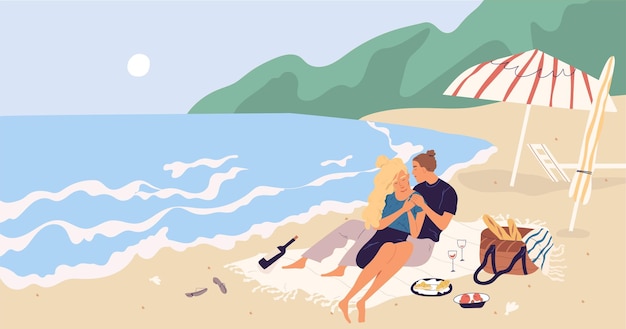 Young couple sitting and relaxing on picnic blanket at seaside. People hugging and drinking wine on beach by sea. Romantic date of man and woman on seashore. Colored flat vector illustration.