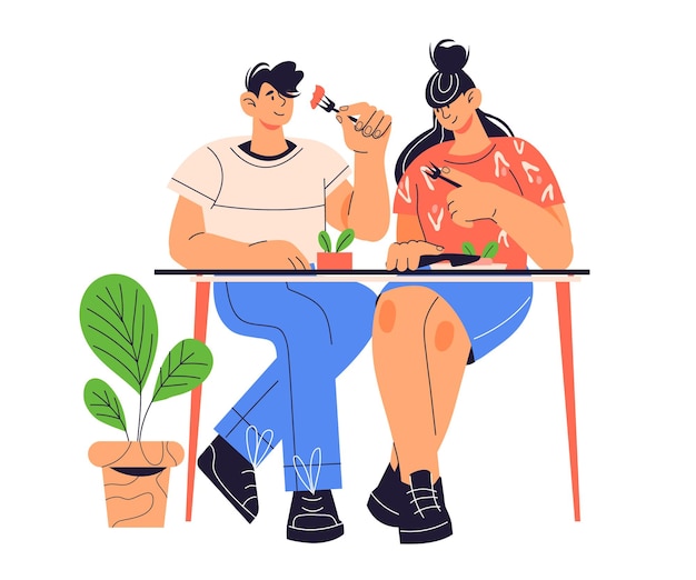 テーブルに座っている若いカップルと白い背景で隔離の漫画フラットベクトルイラストをダイニングレストランでの日付ストリートカフェで昼食をとっている人々