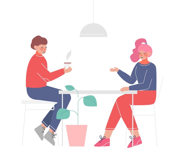 Молодая пара сидит за столом, пьет кофе и разговаривает. Встреча друзей или коллег. Векторная иллюстрация на белом фоне.
