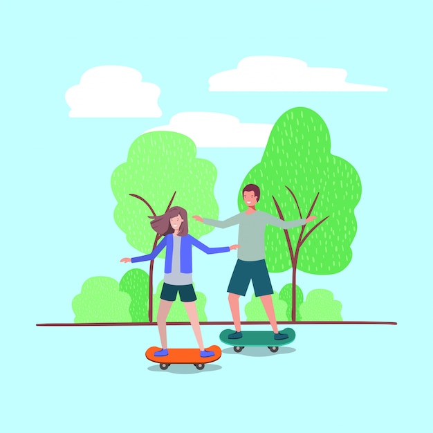 young couple in skateboard on the park