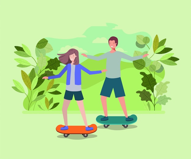 Young couple in skateboard on the park