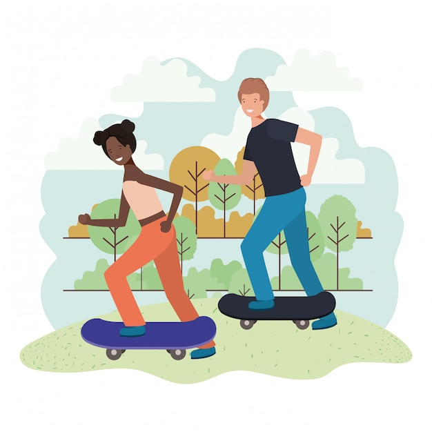 Young couple in skateboards characters