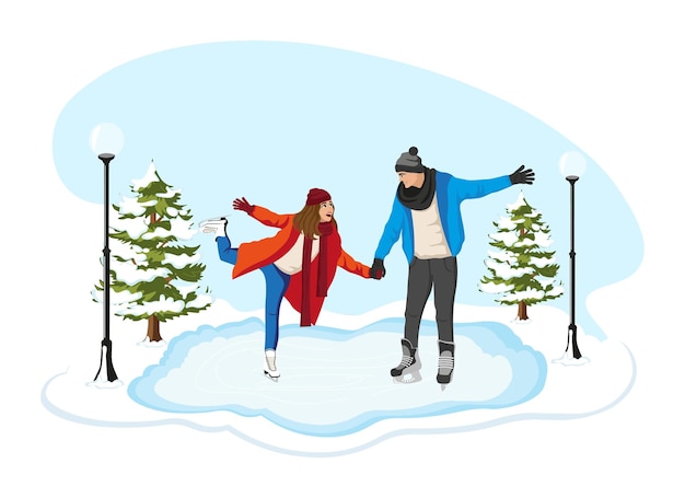 도시 경관 아이스 링크에서 스케이트를 타는 젊은 부부 사랑에 빠진 행복한 남자와 여자는 첫 데이트에서 즐거운 시간을 보내고 있습니다 겨울의 낭만적인 겨울 활동 추운 주말에 가족 휴가 플랫 벡터 그림