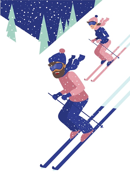 Vector young couple skiing