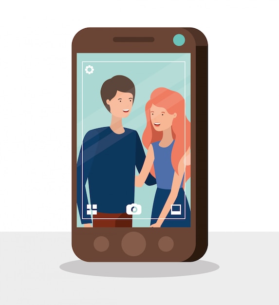 Young couple in smartphone characters