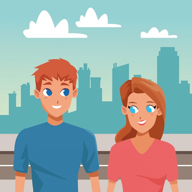 Vector young couple smiling and walking cartoon