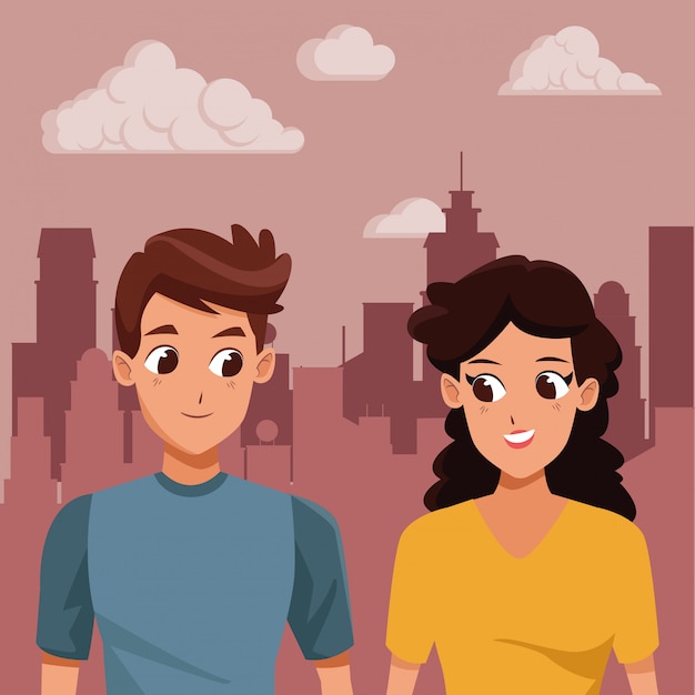 Young couple smiling and walking cartoon
