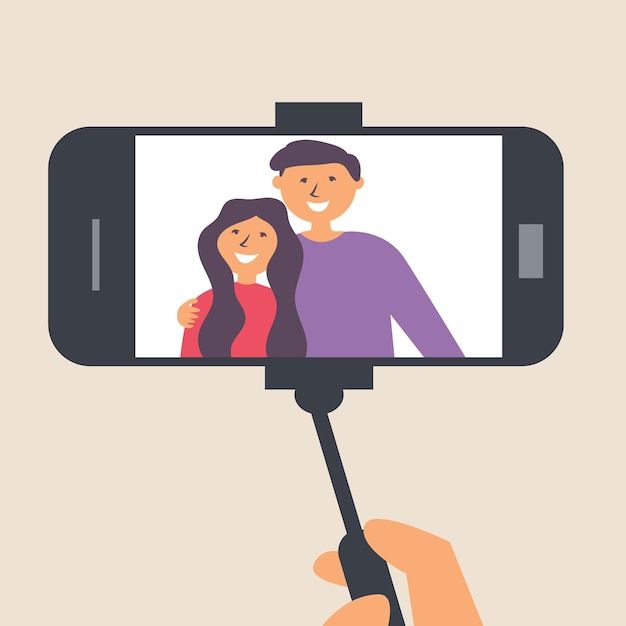 Vector young couple takes pictures on a selfie stick