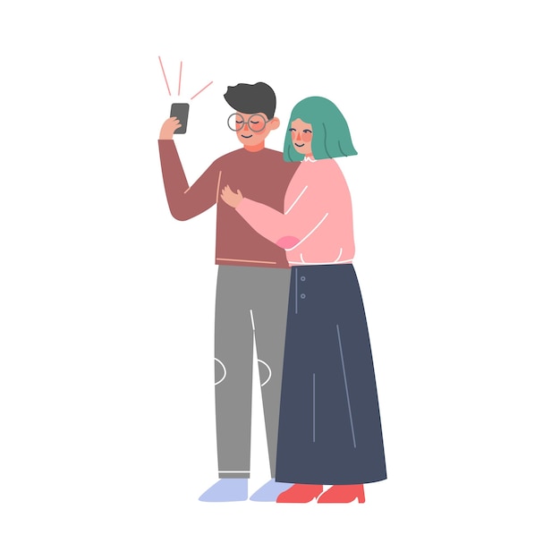 스마트폰 친구들과 셀피를 찍는 젊은 부부는 함께 시간을 보내고 만화를 촬영합니다.