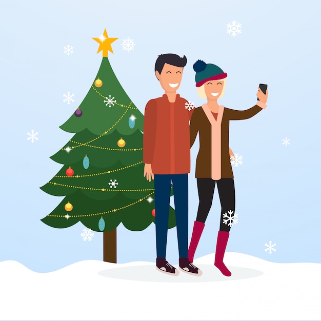 Vector young couple taking a selfie