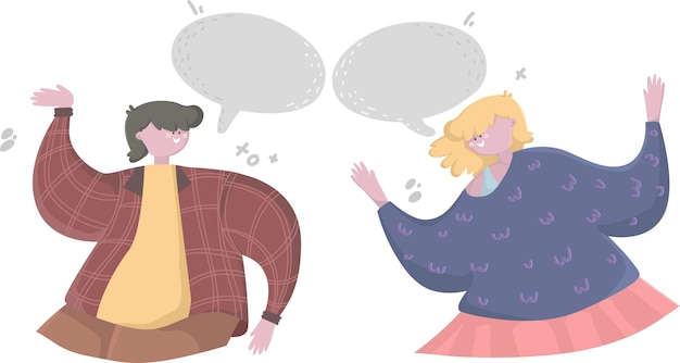 Vector young couple talking together. people communicating. positive communication of multinational friends. people conversation with speech bubbles.