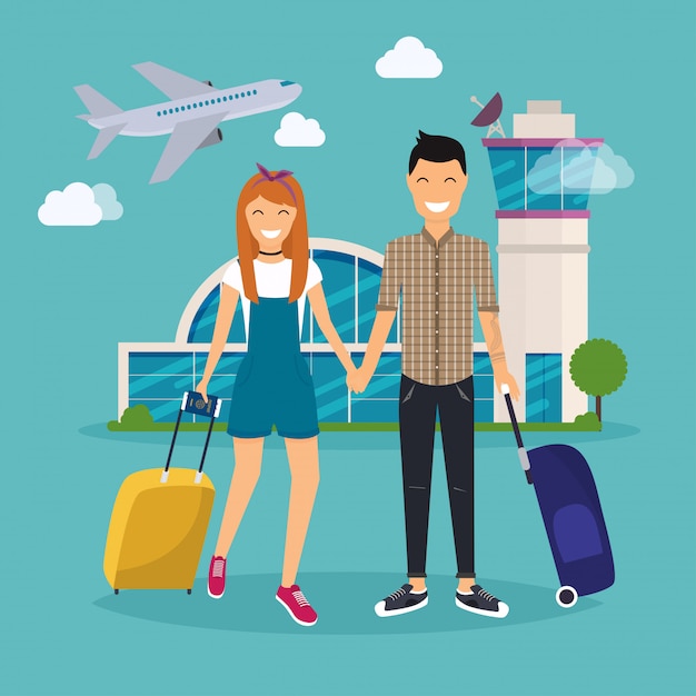 Young couple traveling with travel bag, holding passport and tickets. airport. travel and tourism. flat design modern illustration concept.