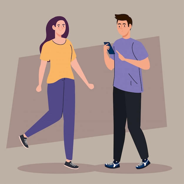 Young couple using smartphone device illustration design