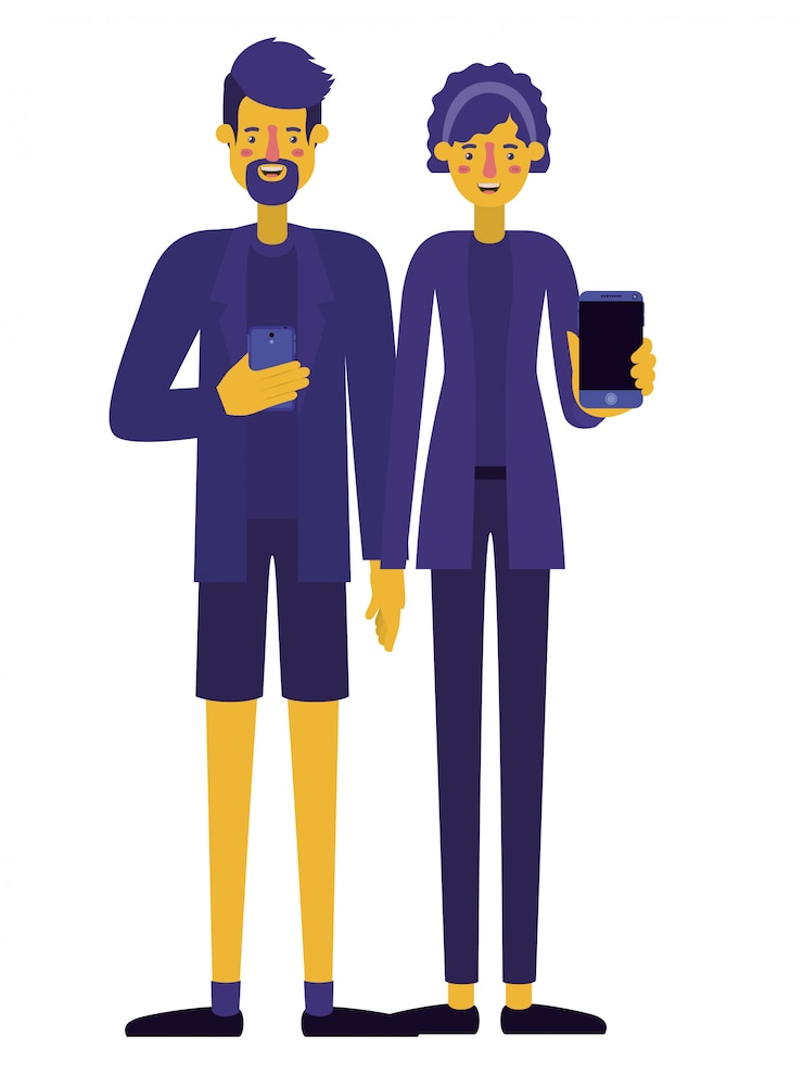 Vector young couple using smartphone