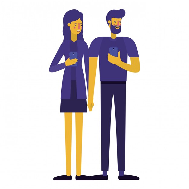 Vector young couple using smartphone