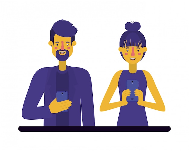 Vector young couple using smartphone