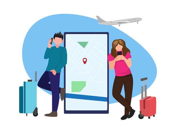 Young couple vector illustration they are searching for a place to visit by searching from the map navigation app mobile gps route map template design illustration