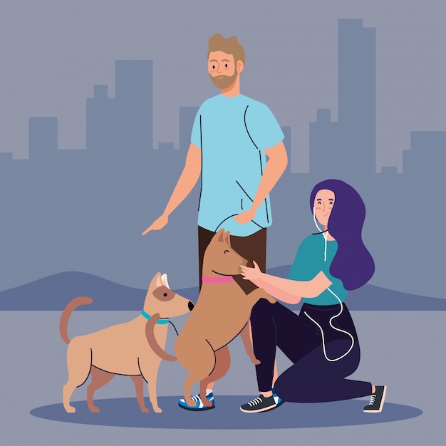 Young couple on a walk with a dog illustration design