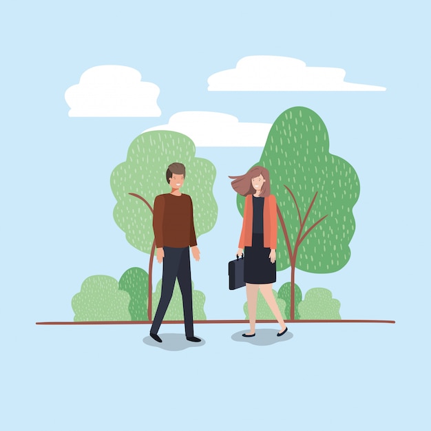 Vector young couple walking on the park character