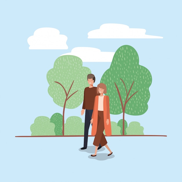 Vector young couple walking on the park character