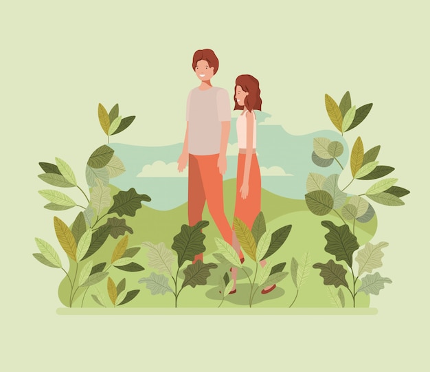 Young couple walking on the park character