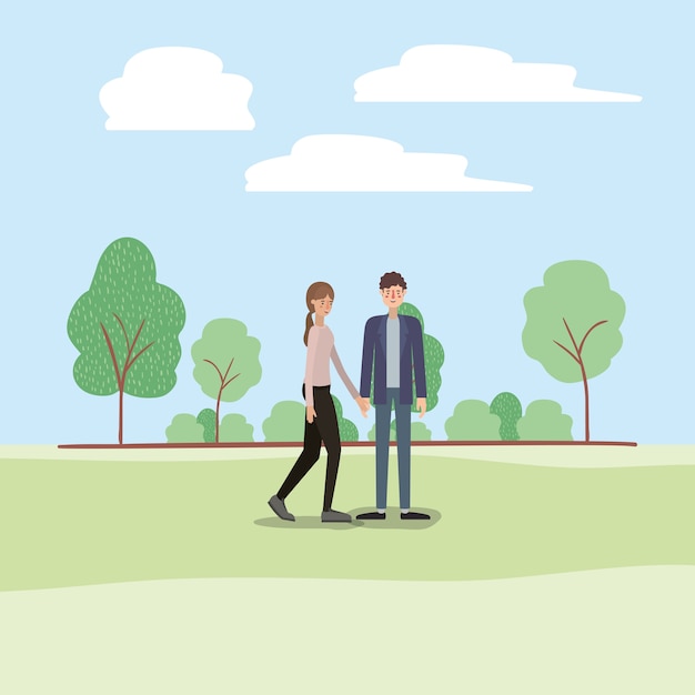 Vector young couple walking on the park