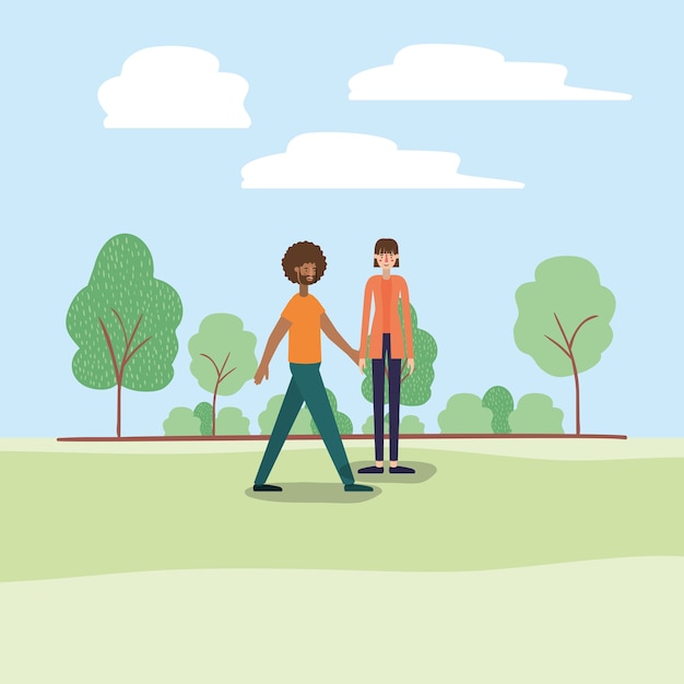 Vector young couple walking on the park