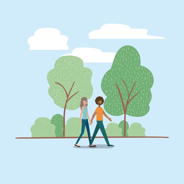 Vector young couple walking on the park