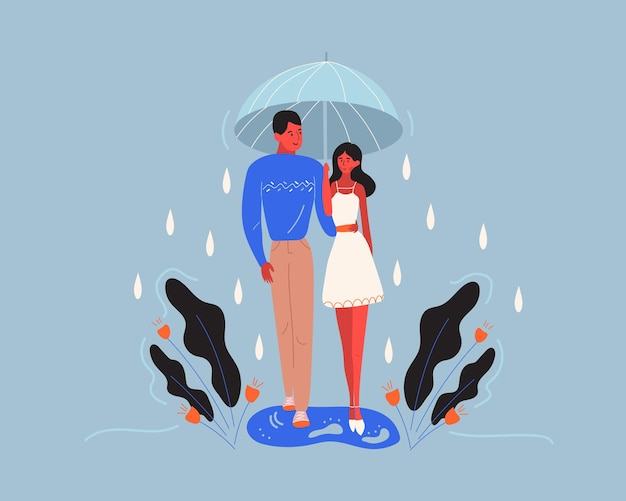 Vector a young couple walking under an umbrella while raining.