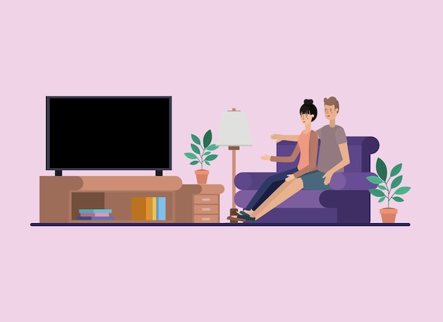 Vector young couple watching tv on the livingroom