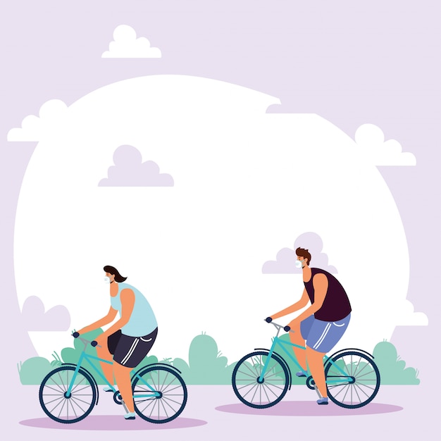 Vector young couple wearing medical masks in bicycles