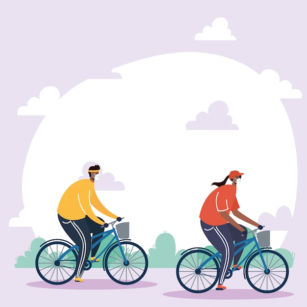 Vector young couple wearing medical masks in bicycles